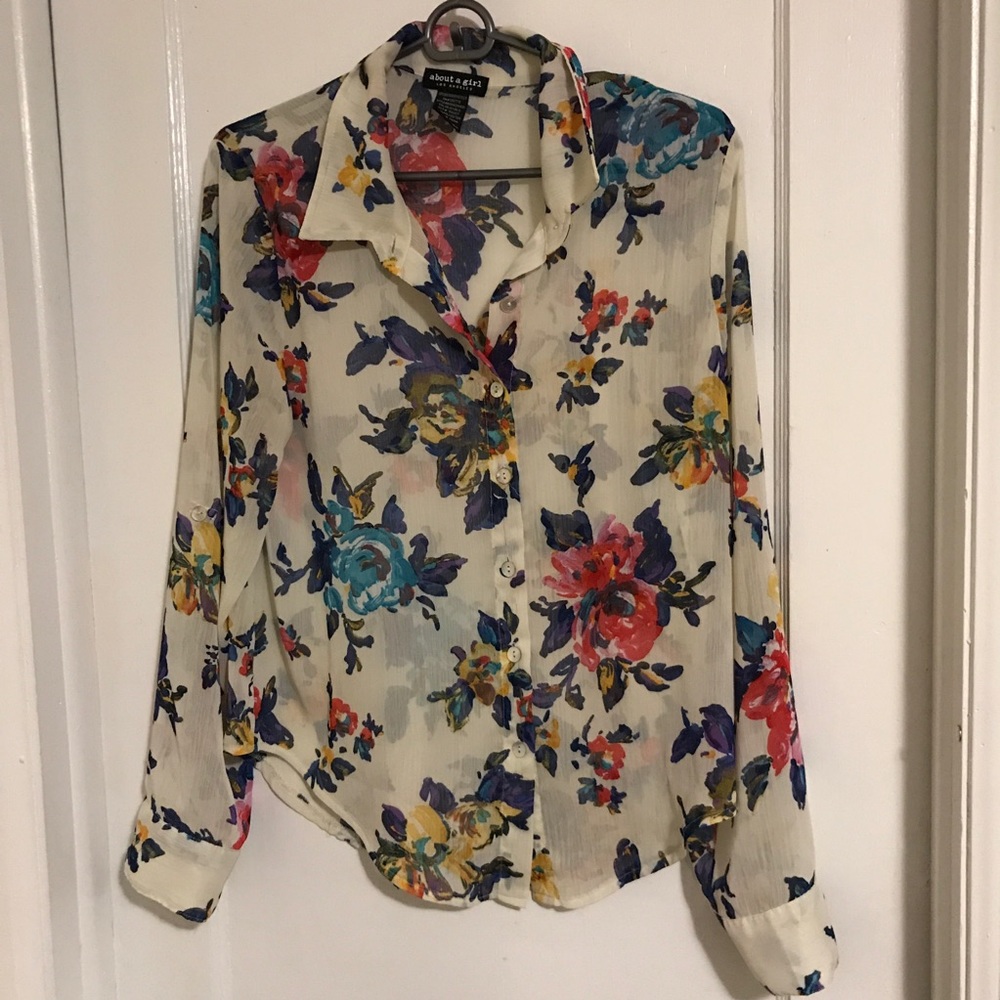 About a Girl sheer floral button up blouse